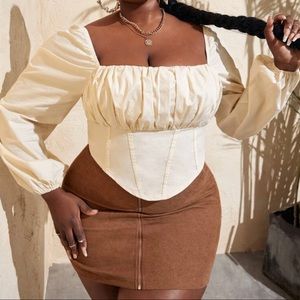 Plus Lantern Sleeve Ruched Bust Asymmetrical Hem Top